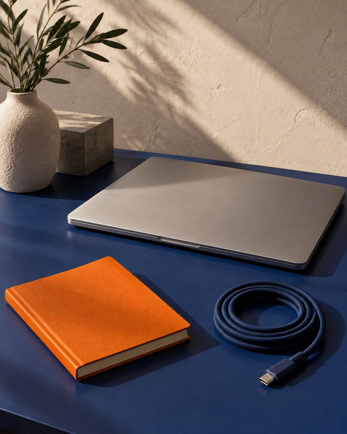 Portátil cerrado y cuaderno naranja, imagen ilustrativa